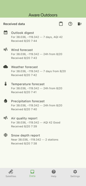 Data tab listing received rich-view replies