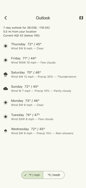 Multi-day outlook shown as a rich view in the app